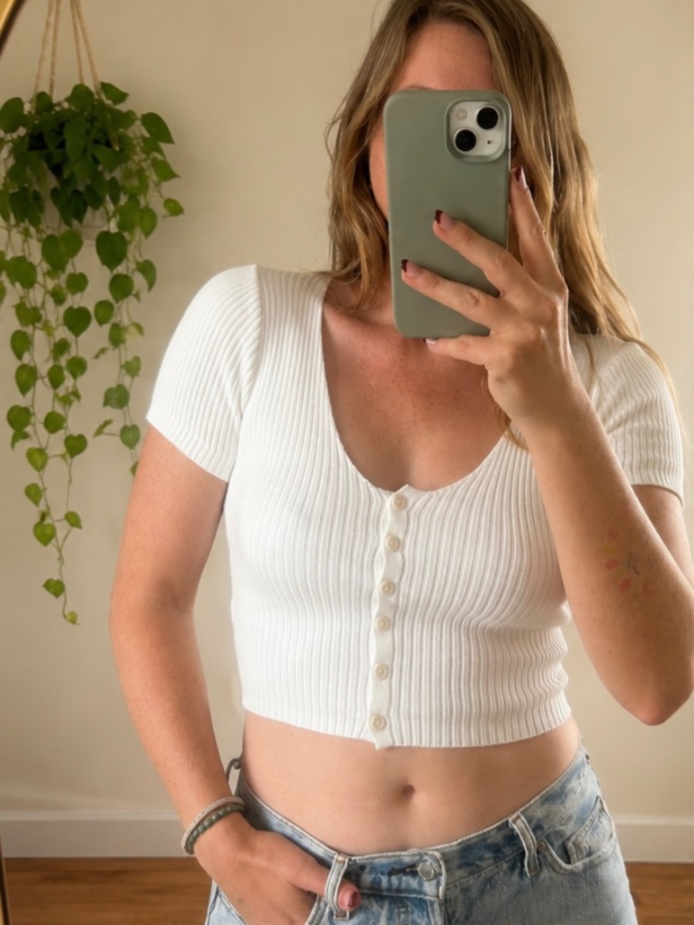 brandy melville white ribbed button front crop top one size